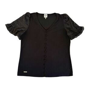 Anne Klein Black Sheer Sleeve V-Neck Blouse Womens Size M